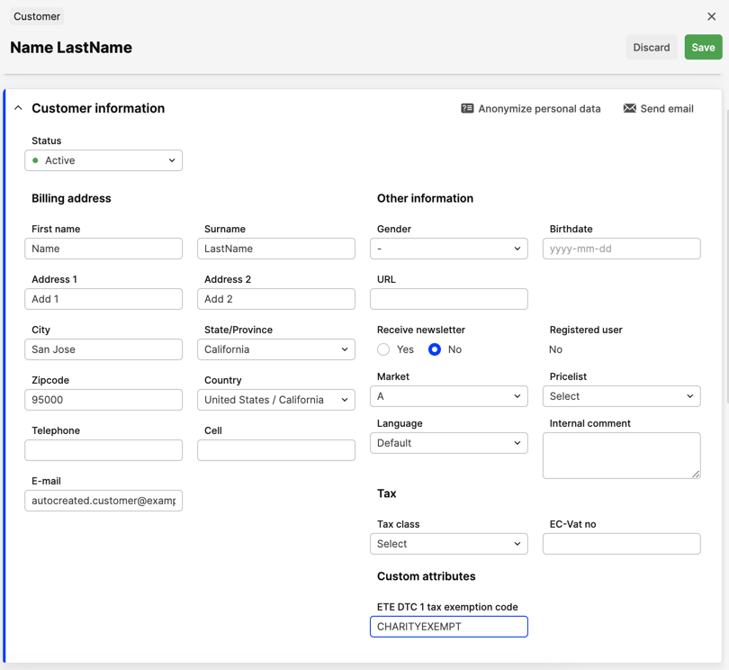 Customer exemption code assignment example
